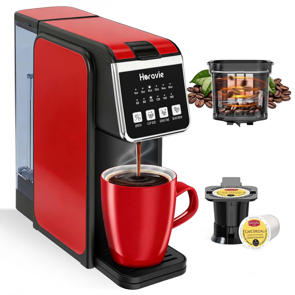 Horavie Single Serve Coffee Maker with Built-in Grinder, Fast Brew 6-16oz Single Cup for Whole Beans, Grounds, K Pod, Grind and Brew Coffee Maker with 47oz Water Tank, Descaling Alert, Black — view 8