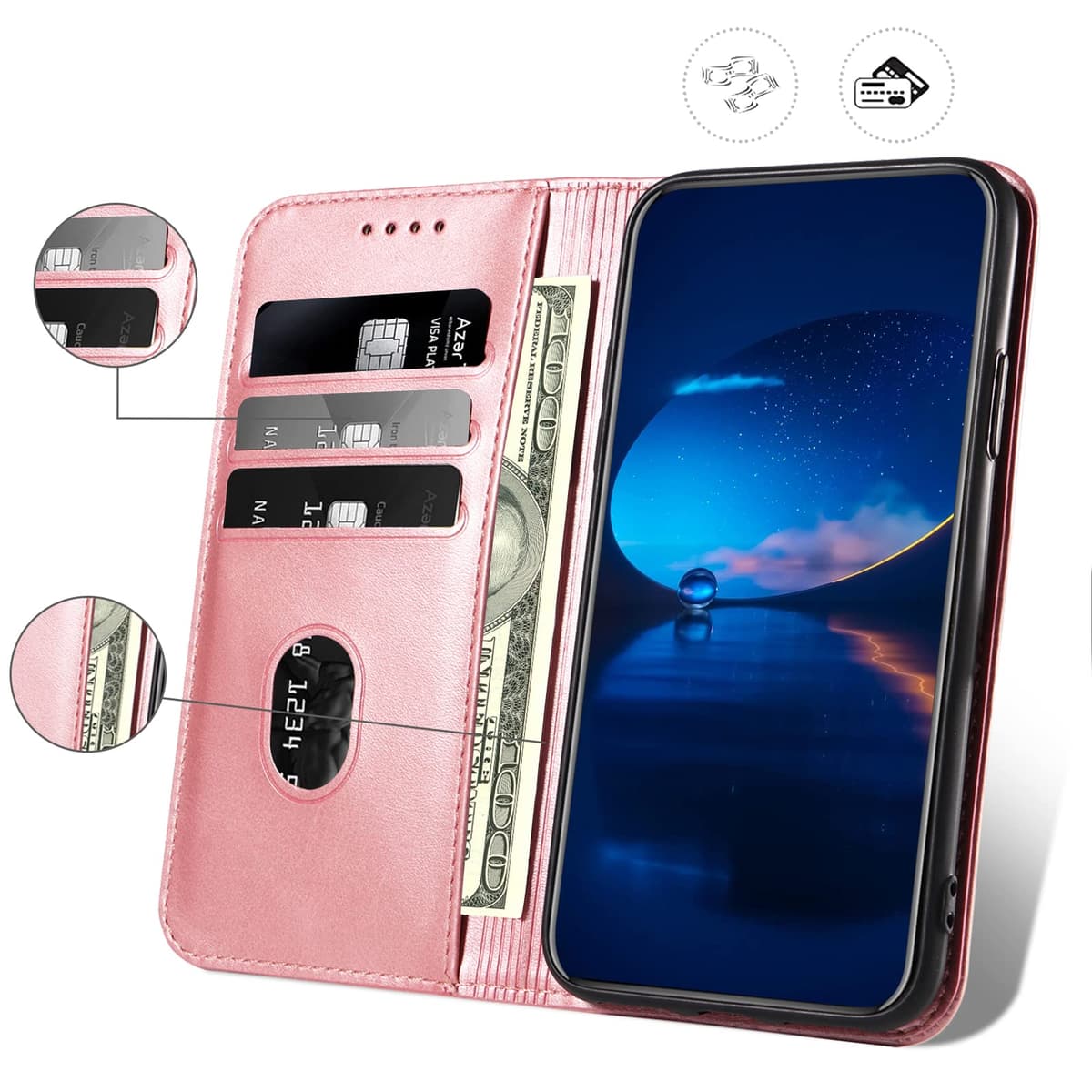 Case for OnePlus Nord 2 5G, Classic PU Leather Magnetic Wallet Case, Flip Folio Protective Phone Cover Compatible with OnePlus Nord 2 5G, Rose Gold — view 3