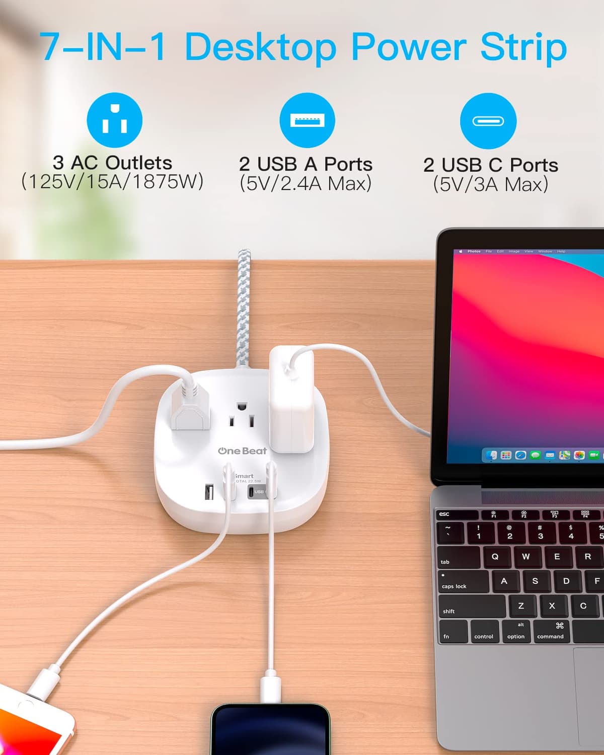 One Beat Flat Plug Power Bar with USB C, 6FT Ultra-Thin Extension Cord, 3 Outlet with 4 USB Ports (2 USB C) Desktop Charging Station, No Surge Protection for Cruise Ship, Travel Essentials, Dorm Room — view 6