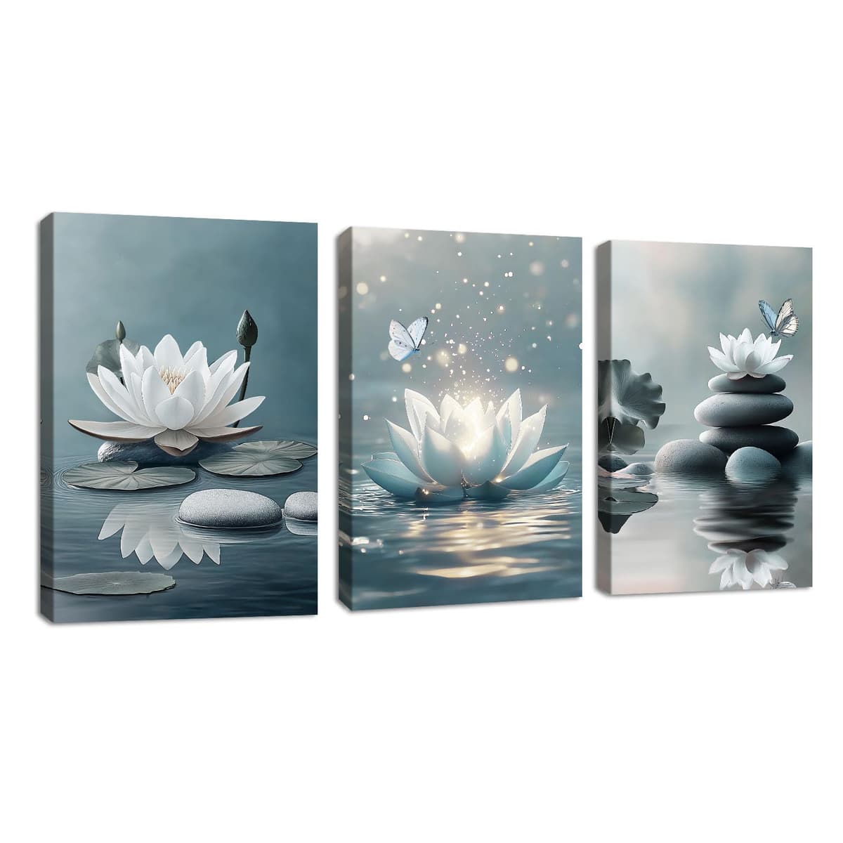 3Pcs Blue Grey Zen Canvas Wall Art, White Lotus Flowers Butterfly Meditation Spiritual Wall Paintings White Lotus Blooming on Stones in Lake Wall Pictures Room Decor for Yoga Spa Room Decor 30x40cmx3
