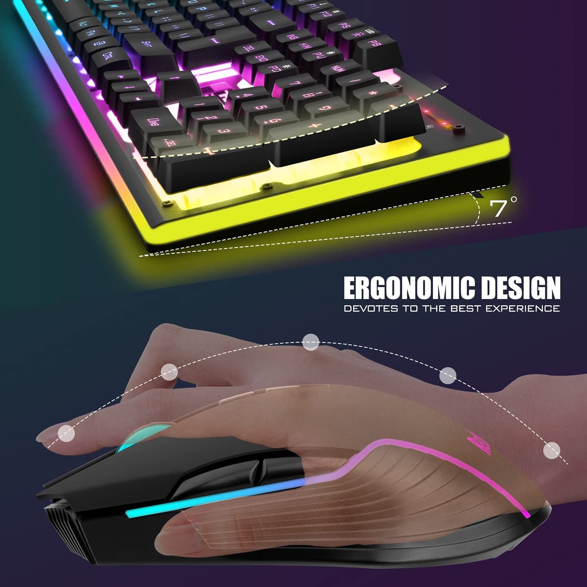 RedThunder K10 Wireless Gaming Keyboard and Mouse Combo, LED Backlit Rechargeable 3800mAh Battery, UK Layout Mechanical Feel Keyboard + 7D 3200DPI Mice for PC Gamer (Black) — view 5