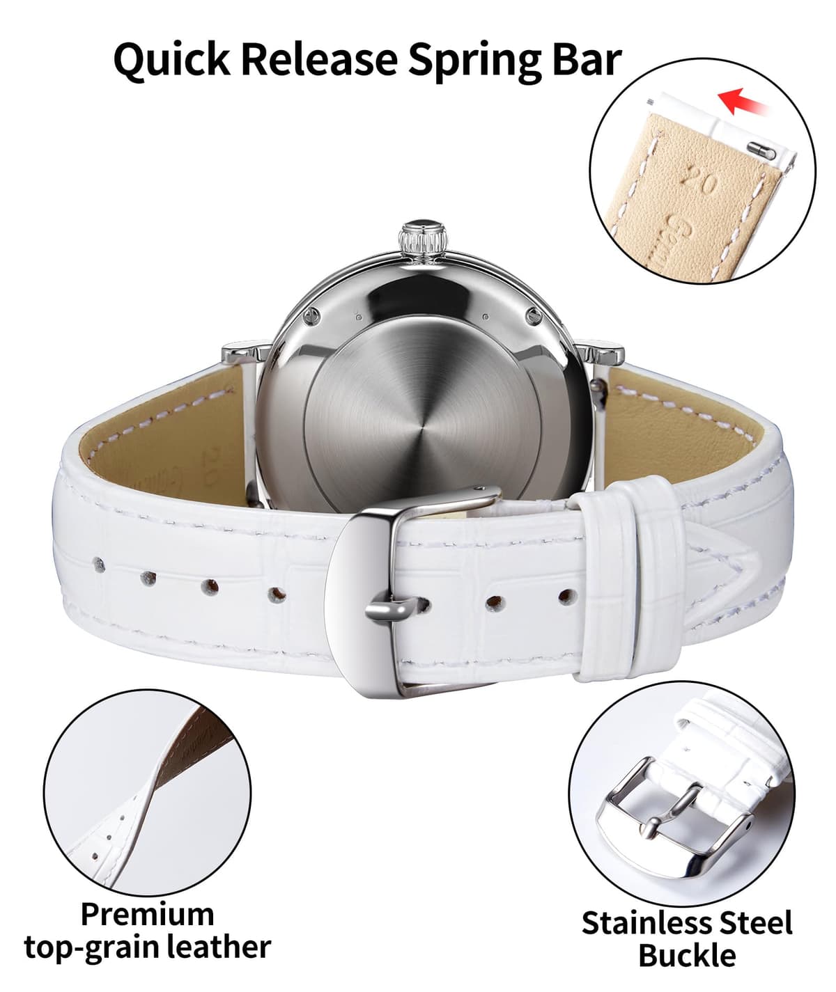 BINLUN Quick Release Leather Watch Straps Replacement Watch Bands Smart Watch Strap Crocodile Pattern in 10 Colors 13 Sizes with Silver/Gold/Rose-Gold Buckle for Men Women(10mm-24mm) — view 45