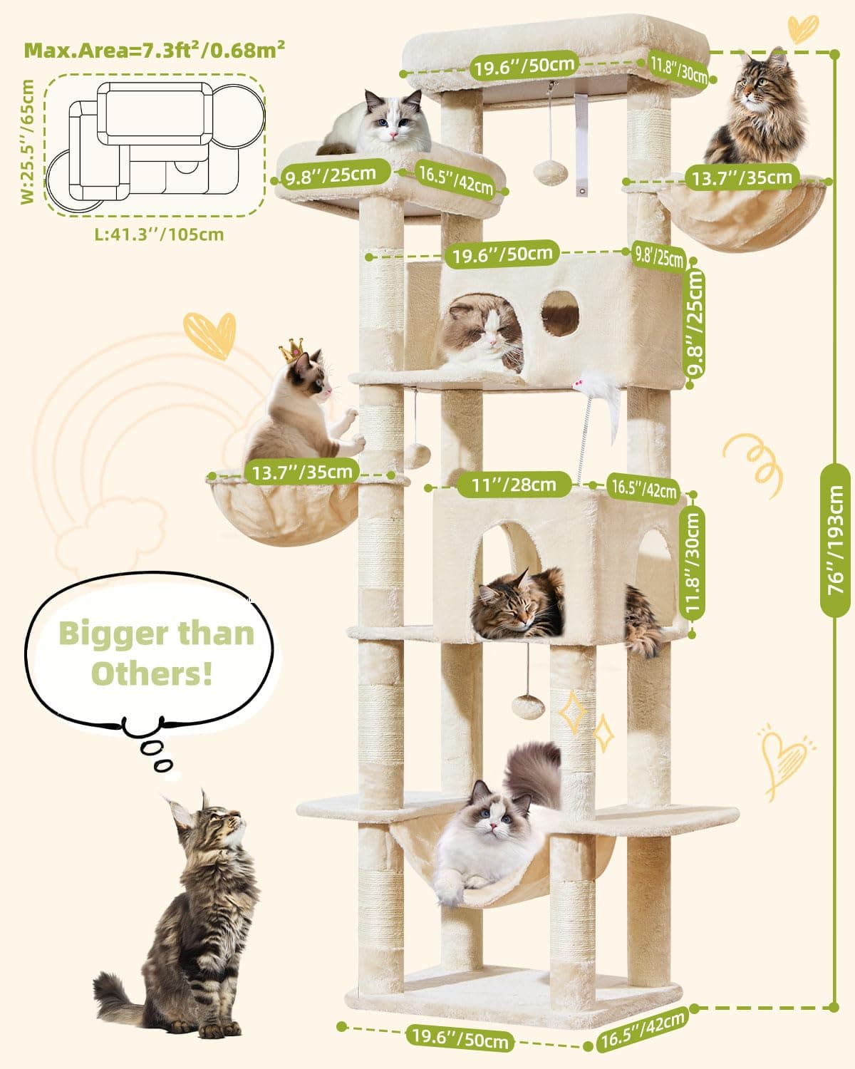 Taoqimiao Rascador para Gatos Grandes, 193cm Arbol Rascador para Gatos com 2 Espacioso Cuevas, 2 Cesta, Hamaca MS046M Beige — view 2