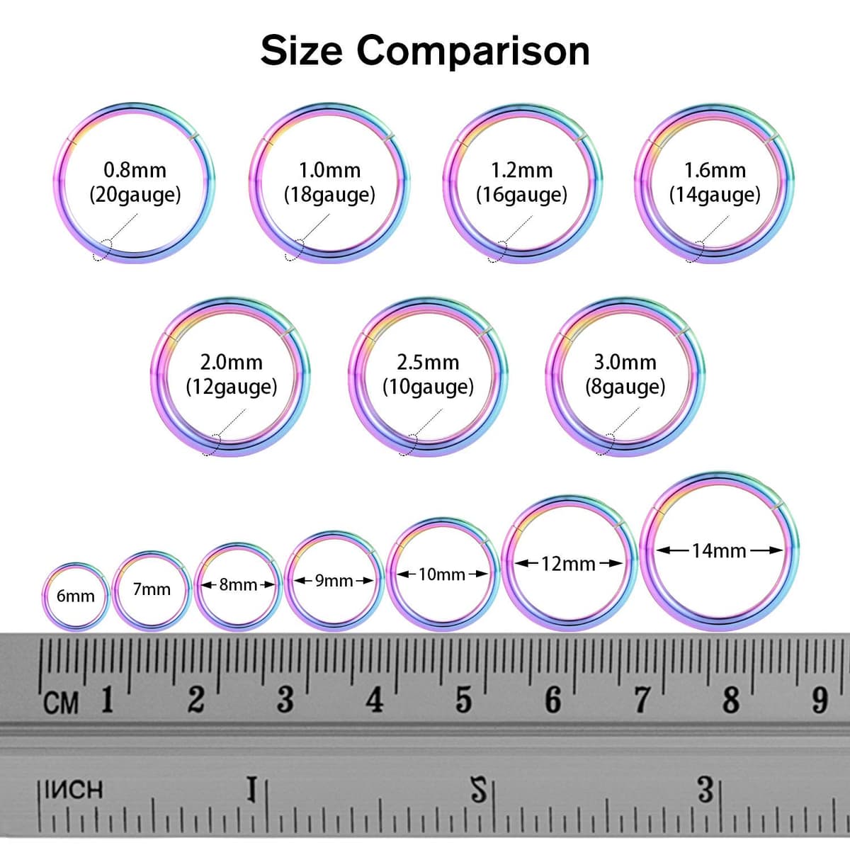 AROWRO 316L Surgical Steel Hinged Nose Rings Hoop 20G 18G 16G 14G 12G 10G 8G 6G 4G Seamless Piercing Rings for Nose Septum Cartilage Helix Tragus Conch Rook Daith Lobe Diameter 6mm to 14mm — view 5