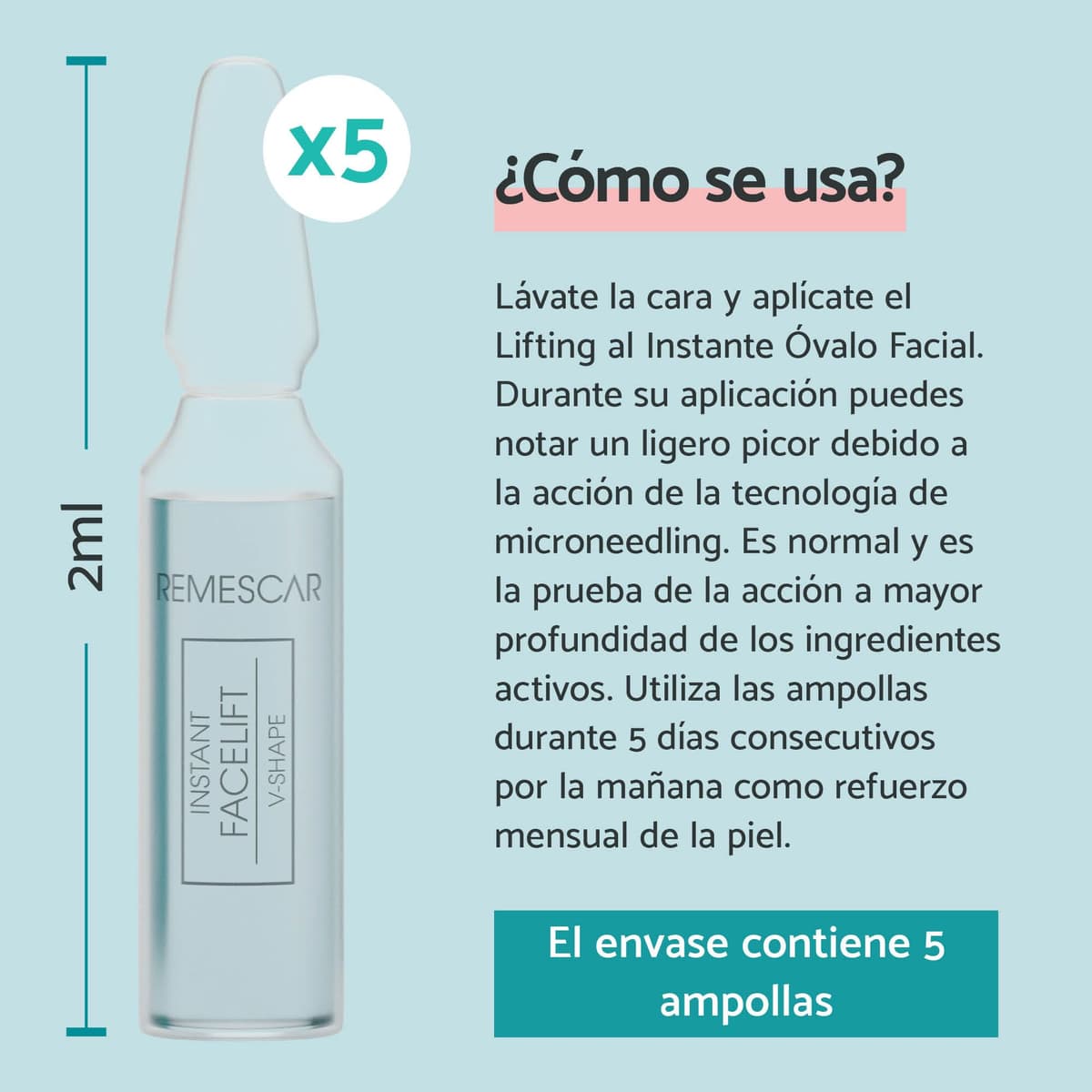 Remescar Sérum Estiramiento Facial Instantáneo 5 Ampollas - Reducción de Arrugas y Flacidez - Reafirma y Contornea la Cara - Resultados Rápidos - Refuerza el Colágeno Facial y Rejuvenece la Piel — view 3