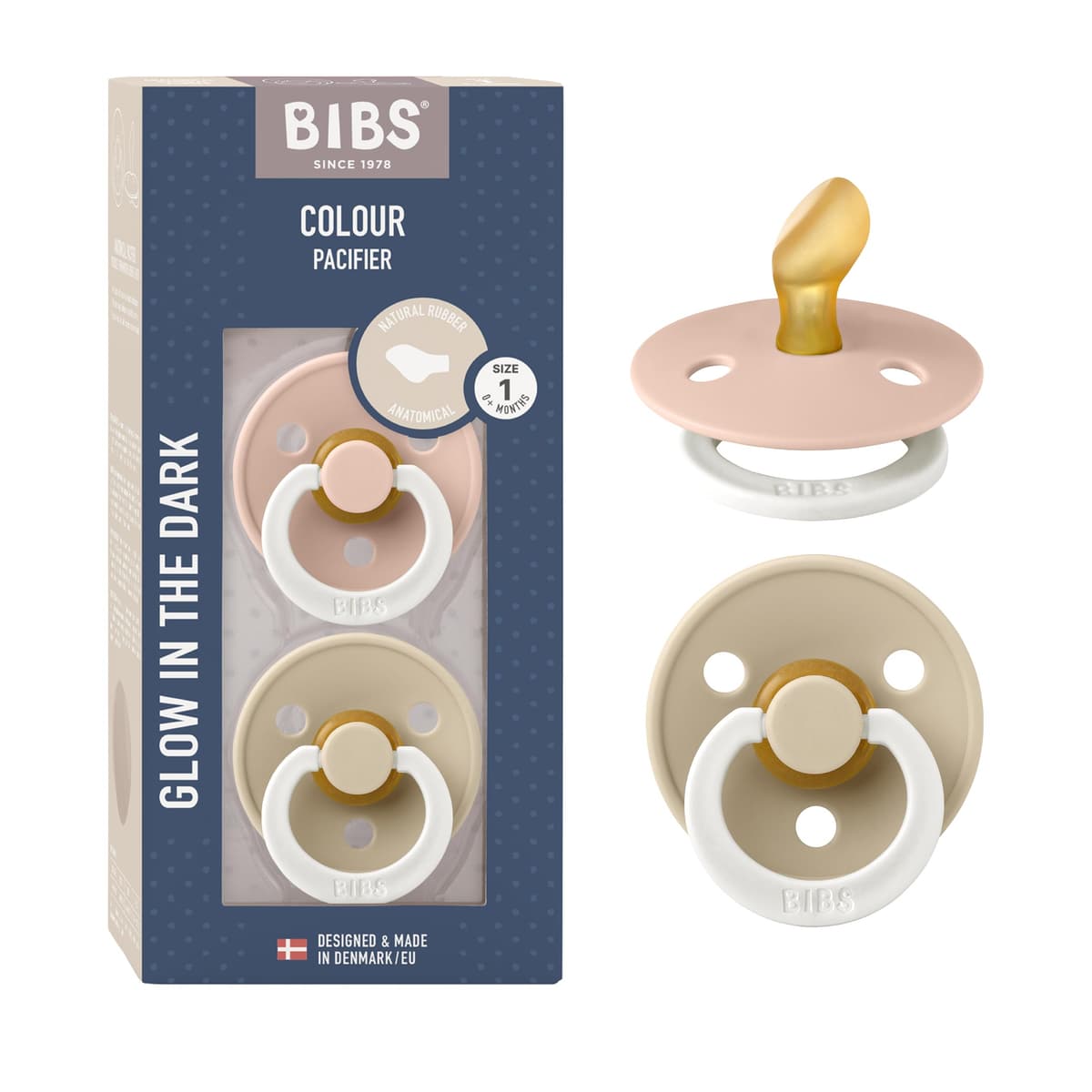 BIBS Colour Anatomical Glow Paquete de 2 chupetes. Libre de BPA, Pezonera anatómica. Látex natural. Talla 1 (0-6 meses), Blush Glow/Vanilla Glow