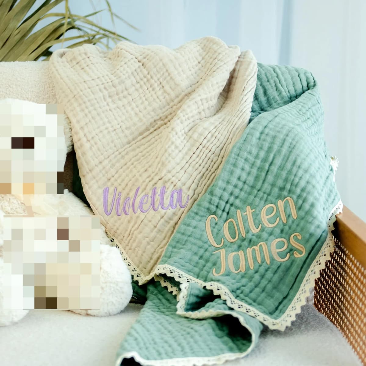 Personalised Blanket Personalised 6 Layers Muslin Wrap Cotton Baby Blankets Lace Reception Blanket Newborn Bath Towel (Customized) — view 2