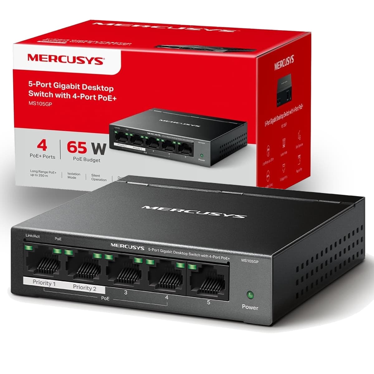 MERCUSYS MS105G 5-Port Desktop Ethernet Network Switch/Hub, 10/100/1000Mbps Ethernet Splitter, Energy Saving up to 82%, Plug & Play, TP-Link Switch, Perfect for home/small office/dormitory — view 10