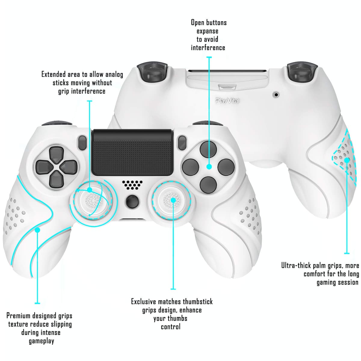 PlayVital Guardian Edition White Ergonomic Soft Anti-Slip Controller Silicone Case Cover for ps4, Rubber Protector with White Joystick Caps for ps4 Slim /for ps4 Pro Controller — view 3