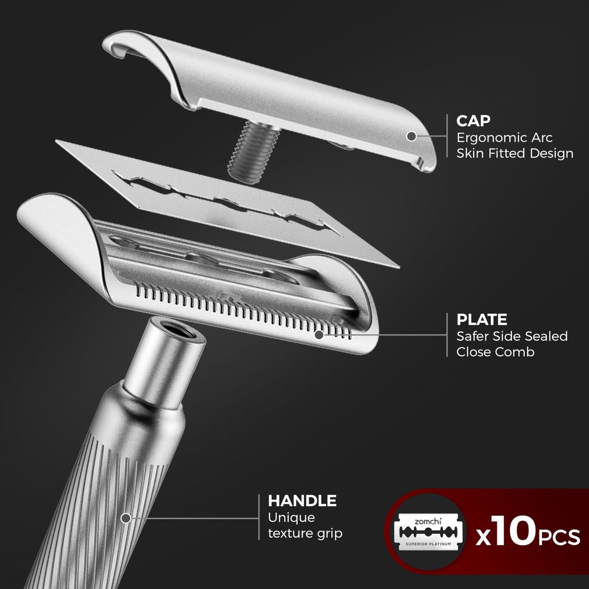 Maquinilla de afeitar de seguridad de doble filo con soporte en plata, maquinilla de afeitar clásica para hombre con 10 cuchillas, construcción de acero inoxidable duradera y duradera — view 5
