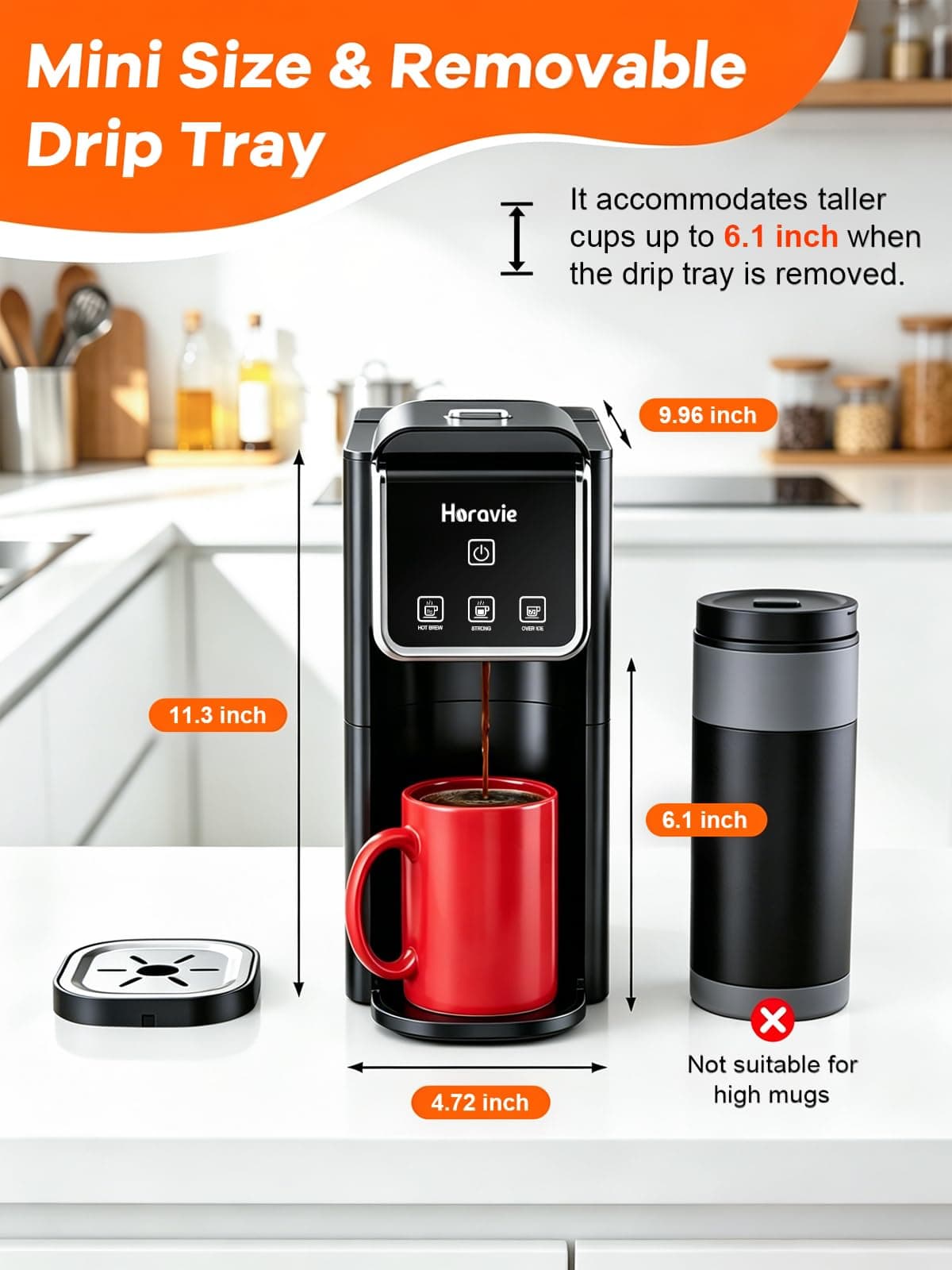Horavie Mini Single Serve Coffee Maker, Hot & Iced Coffee Maker for K-Pod and Grounds, 6-12 oz Brew Sizes One Cup Coffee Machine, Strong Brew Setting, Black — view 6