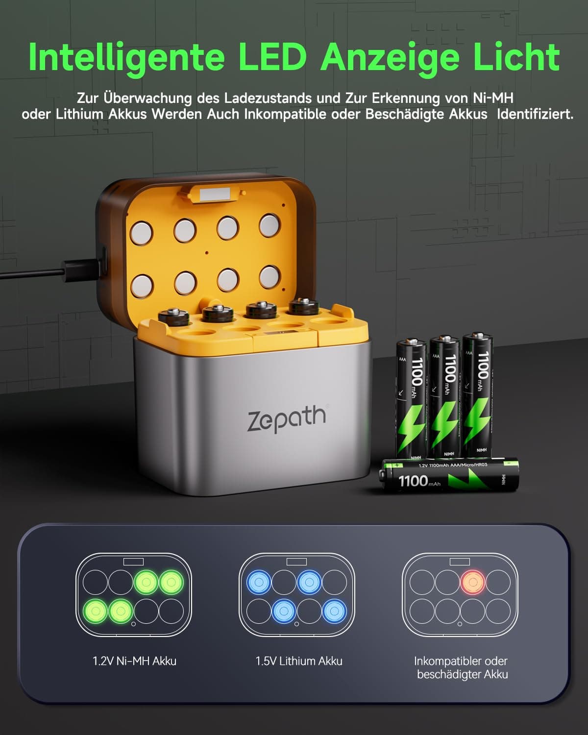 Cargador híbrido de Iones de Litio/NI-MH con 16 Pilas AAA Recargables NI-MH, 1100 mAh de Alta Capacidad, 1,2 V Pilas AAA, 8 Cargadores para Pilas AA/AAA, Caja de Almacenamiento integrada de — view 4