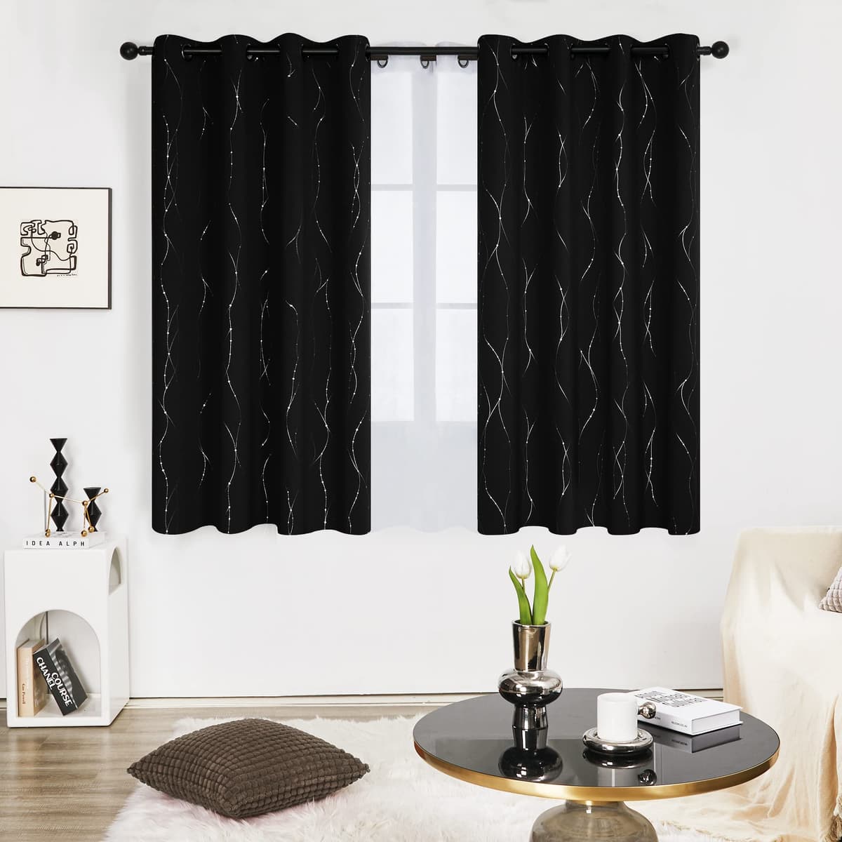 Deconovo Bedroom Curtains Dotted Line Foil Printed Thermal Insulated Window Treatment Eyelet Blackout Curtains for Livingroom 46 x 54 Inch Black Two Panels — view 2