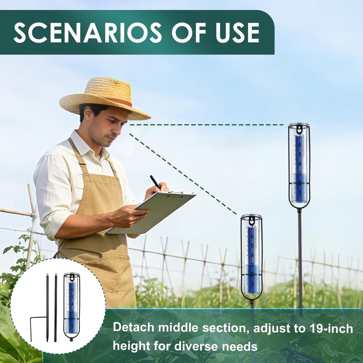 Rain Gauge for Outdoor, Freeze Proof Water Gauge Adjustable Height Rain Catcher Measure, Dual Scale Accurate Rainfall Measurement Tool for Outdoor Yard, Garden, Lawn, Farm & Golf Course - Easy to Read — view 4
