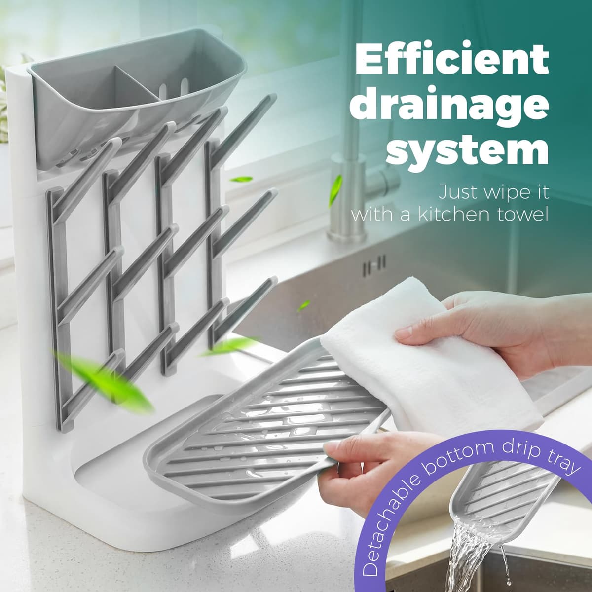 shaojian Baby Bottle Drying Rack with 12 Hooks Space Saving Vertical Bottle Dryer Rack Holder with Detachable Bottom Drip Tray for Kitchen Countertop Storage Accessories(grey) — view 4