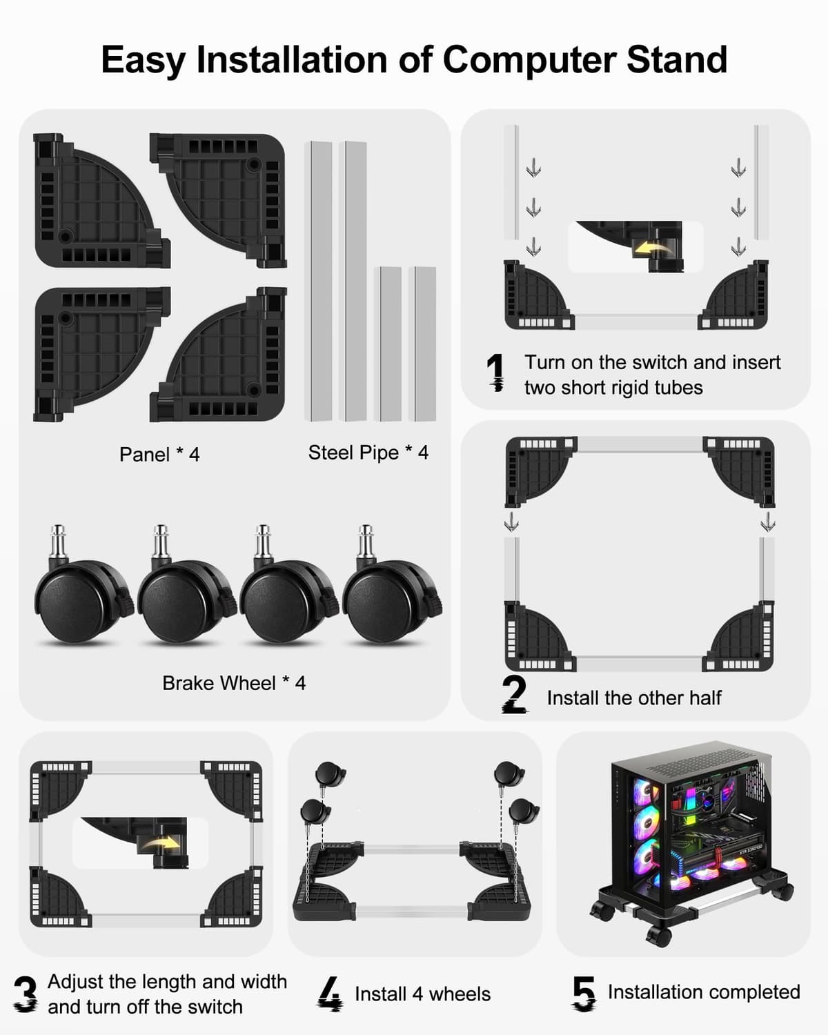CPU Stand for PC Computer Case Holder Bracket Desktop Mainframe Rack with Brake with 4 Caster Wheels(Black) — view 7