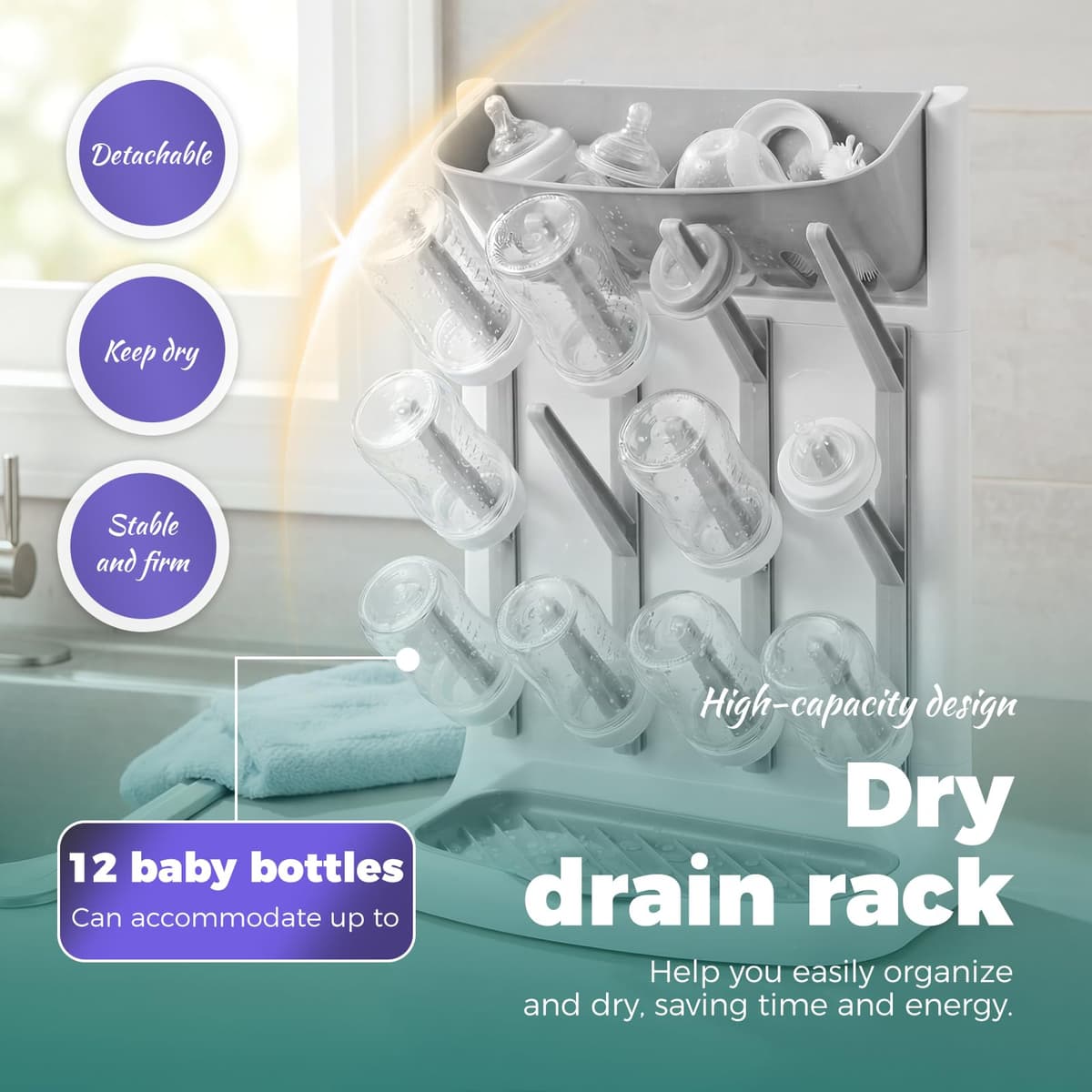 shaojian Baby Bottle Drying Rack with 12 Hooks Space Saving Vertical Bottle Dryer Rack Holder with Detachable Bottom Drip Tray for Kitchen Countertop Storage Accessories(grey) — view 3