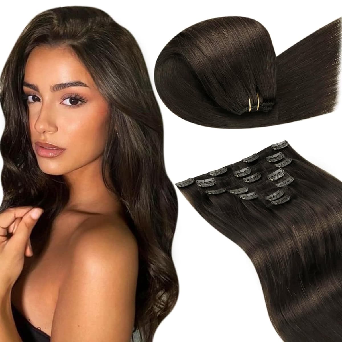 LaaVoo Hair Extensions Clip in Real Human Hair Brown Clip in Hair Extensions Dark Brown Remy Straight Hair Full Head Double Weft 80g 5pcs 14 Inch #4 — view 74