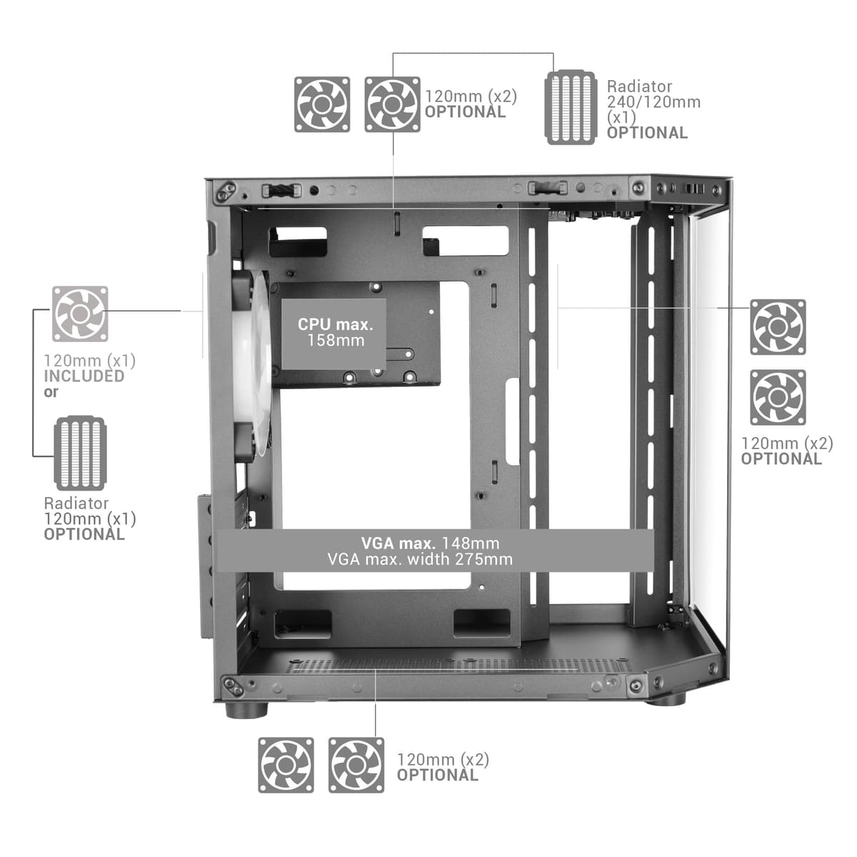 Mars Gaming MC-3TLITE, Caja Gaming MicroATX, Triple Cristal Templado Continuo, Ventilador FRGB Trasero 120mm, Estructura de Doble Cámara, Minitorre PC Compacta con Amplia Capacidad Interna, Blanco — view 4
