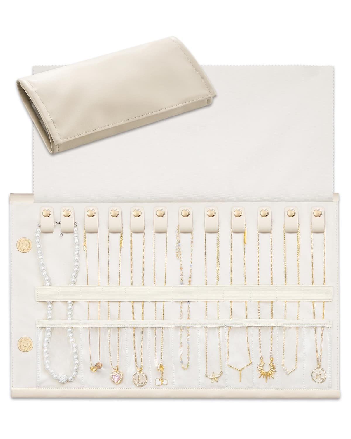 Lolalet Organizador de Collares de Viaje Antienredos, Bolsa de Joyas de Cuero Plegable y Enrollable para Collares, Cadenas y Pulseras - Blanco Crema, 18 Compartimentos — view 8