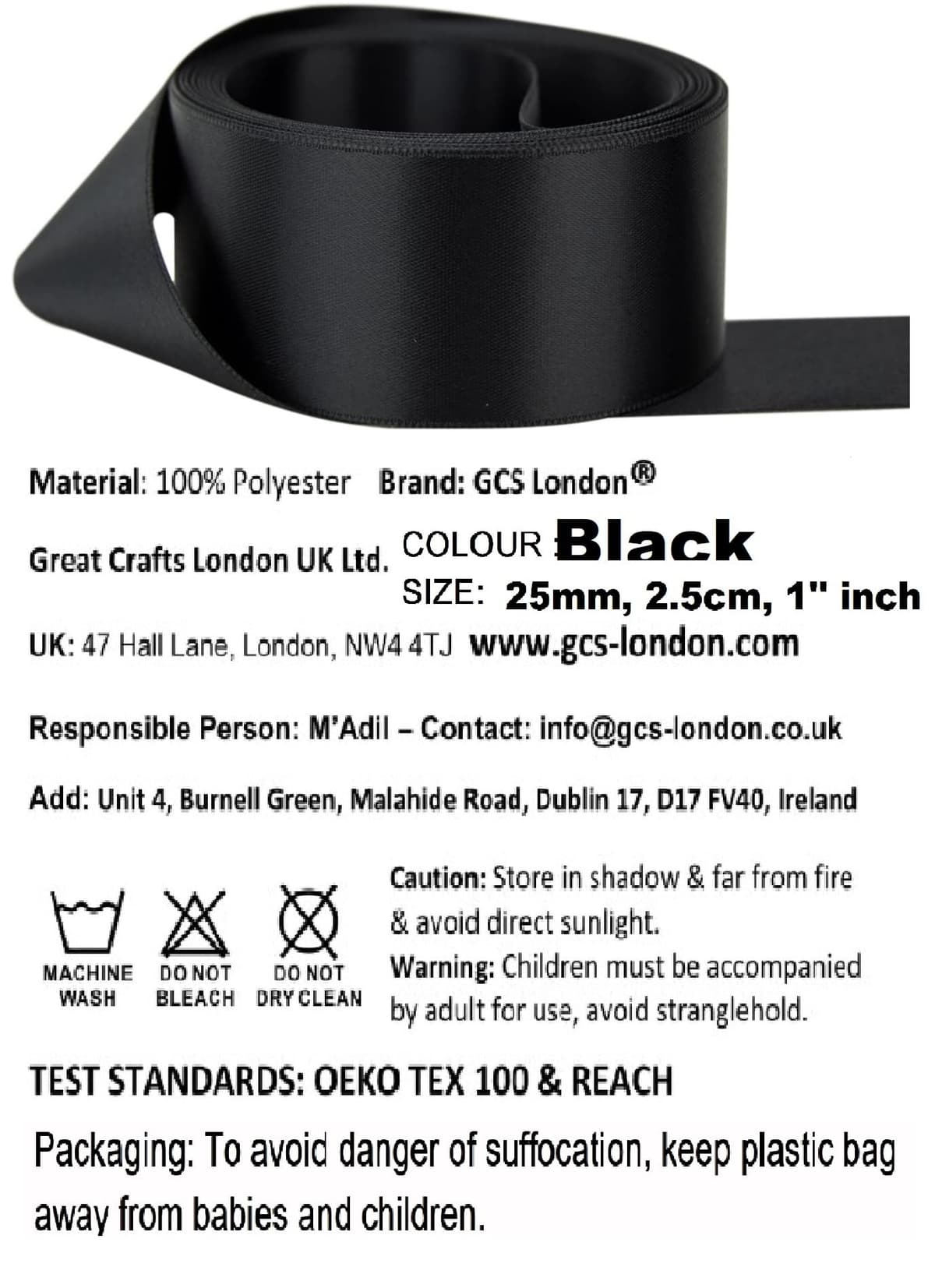 Double Sided Satin Ribbon Size 25mm x 10 Meters, Perfect for Gifts Wrap Sew Party, Decorations Events Dress Wedding Christmas Crafts, Bows Car, DIY, Bouquets, Cake More (Black) — view 2