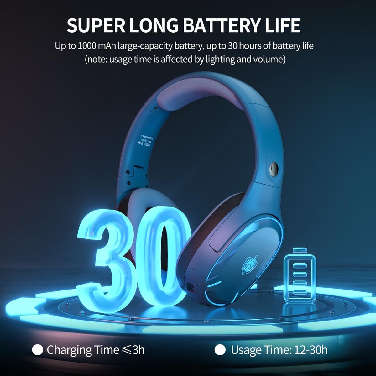 PHOINIKAS Cascos Gaming Inalámbricos para PC/PS5/PS4, Auriculares Gaming Inalámbricos de 2,4GHz USB Wireless+Bluetooth 5.3, Baja Latencia Calidad de Sonido 7.1 sin Pérdidas, 30+ Horas, Luz LED (Azul) — view 6