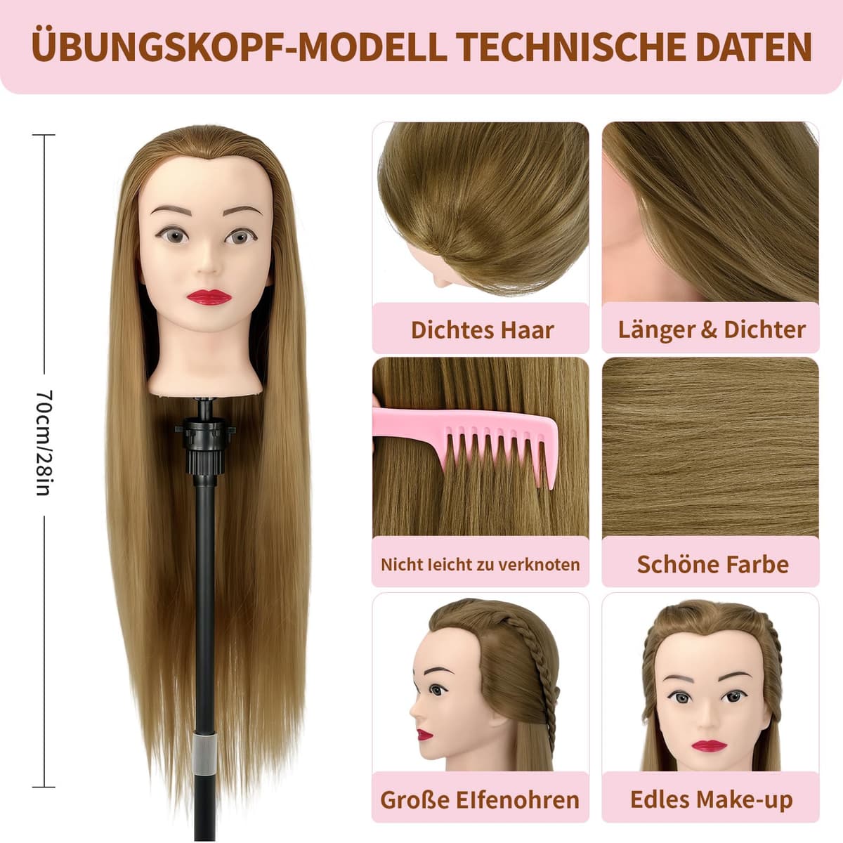 Juego de peluquería profesional para niños, cabeza de maniquí con soporte para pelucas y forma de cabeza de peluquero, para peluqueros, colegialas y escuelas de peluquería (oro (color)) — view 2