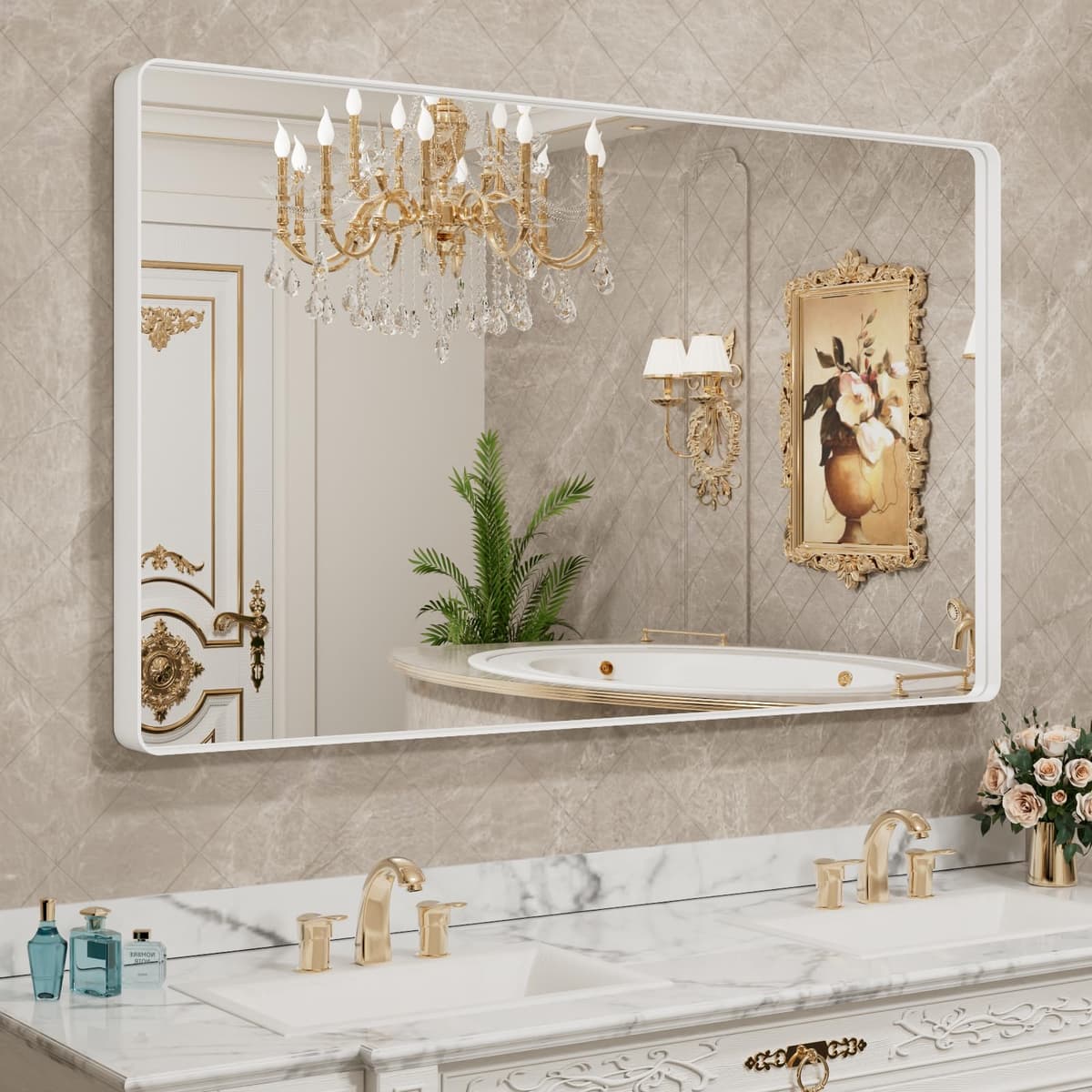 LOAAO 48”X36” Gold Bathroom Mirror, Rounded Rectangle Gold Frame Mirror, Brushed Gold Bathroom Vanity Mirror Wall-Mounted, Anti-Rust, Tempered Glass, Hangs Horizontally or Vertically — view 13