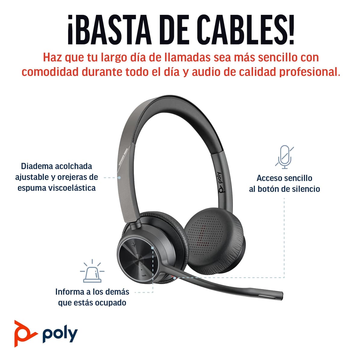Auriculares inalámbricos Poly Voyager 4320 UC - Audífonos estéreo con micrófono de brazo con cancelación de ruido - Conexión Bluetooth a PC/Mac/teléfono móvil - Funciona con Teams, Zoom y más — view 2
