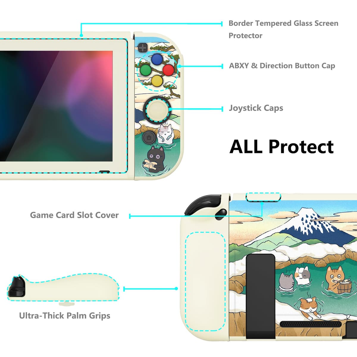 PlayVital ZealProtect Soft Protective Case for Nintendo Switch, Flexible Cover Protector for Switch with Tempered Glass Screen Protector & Thumb Grips & ABXY Direction Button Caps - Hot Spring Kitties — view 5