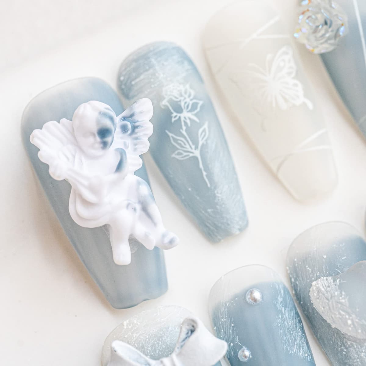 Sun&Beam Nails Handmade Press On Nail Long Coffin Ballerina Pink Flower Acrylic Fake Tip 3D Design Art Charms Cute with Storage Box 10 Pcs (S) — view 365