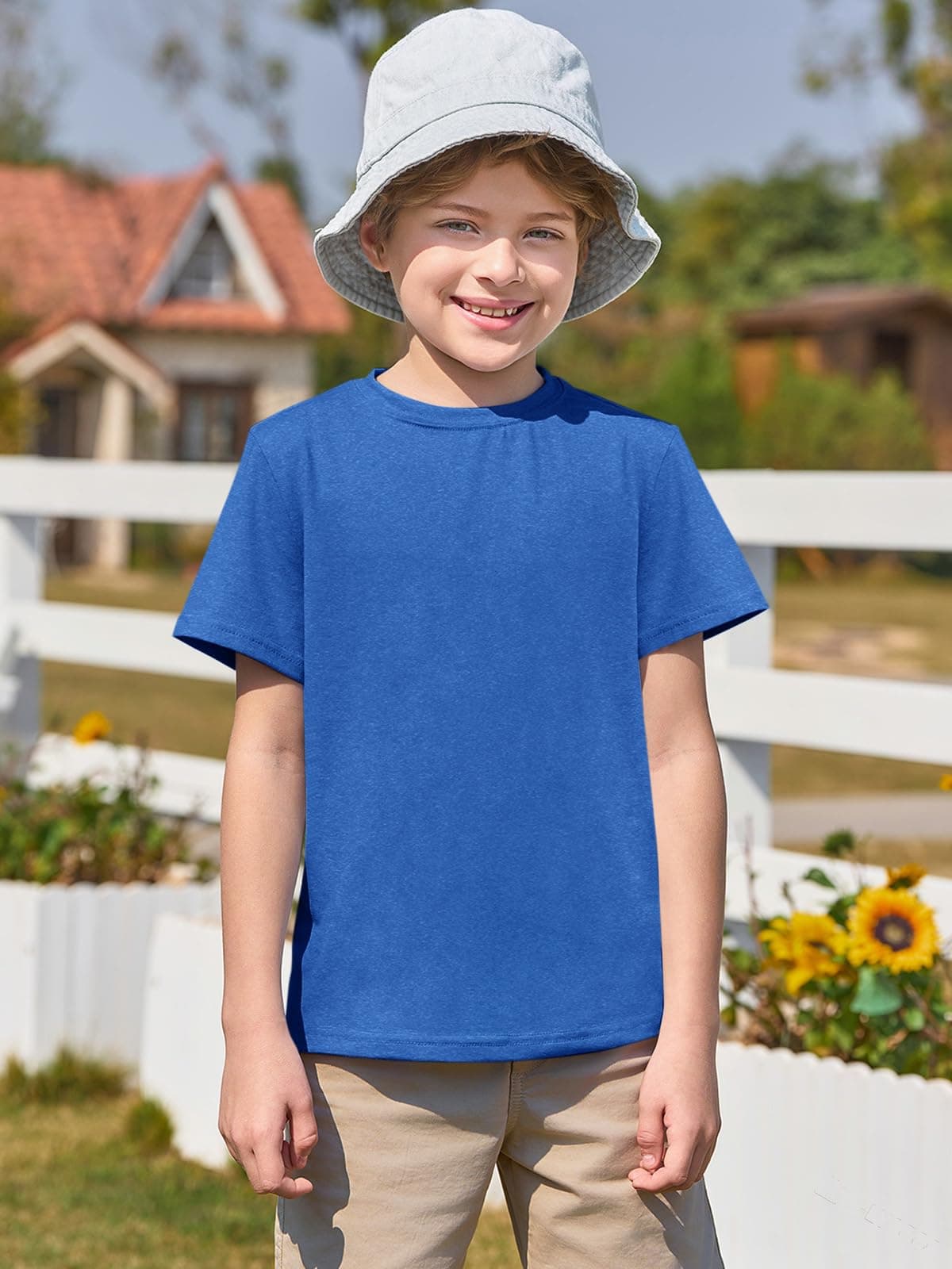 Haloumoning Camiseta de verano de manga corta para niños, cuello redondo, lisa, ligera, informal, deportiva, básica, 5-14 años — view 2