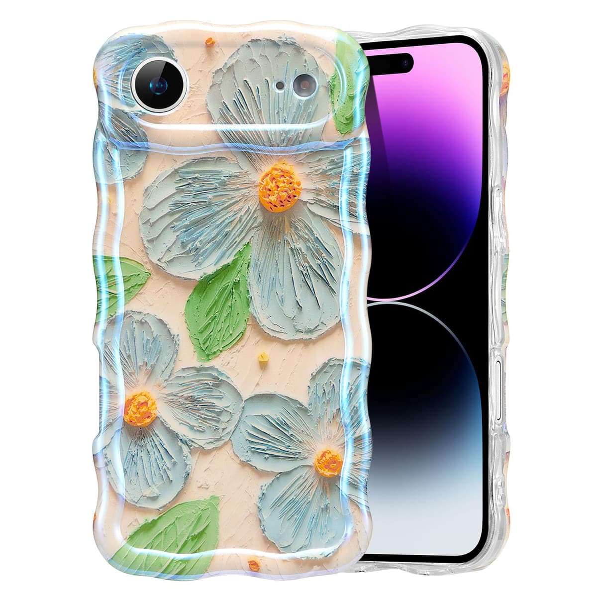 EYZUTAK Case for iPhone 16, Colorful Retro Oil Painting Printed Flower Laser Glossy Pattern Cute Curly Wave Edge Exquisite Phone Cover Stylish Durable TPU Protective Case for Girl Women-Green — view 105