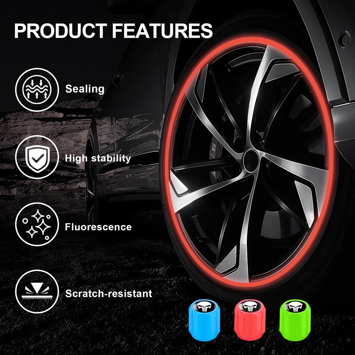 12PCS Fluorescent Tyre Valve Caps (3 Colours), Glow in The Dark Dust Caps for Car Tyres, Universal Tire Valve Cap Set for Car, SUV, Truck, Motorcycle, Tyre Decoration — view 4