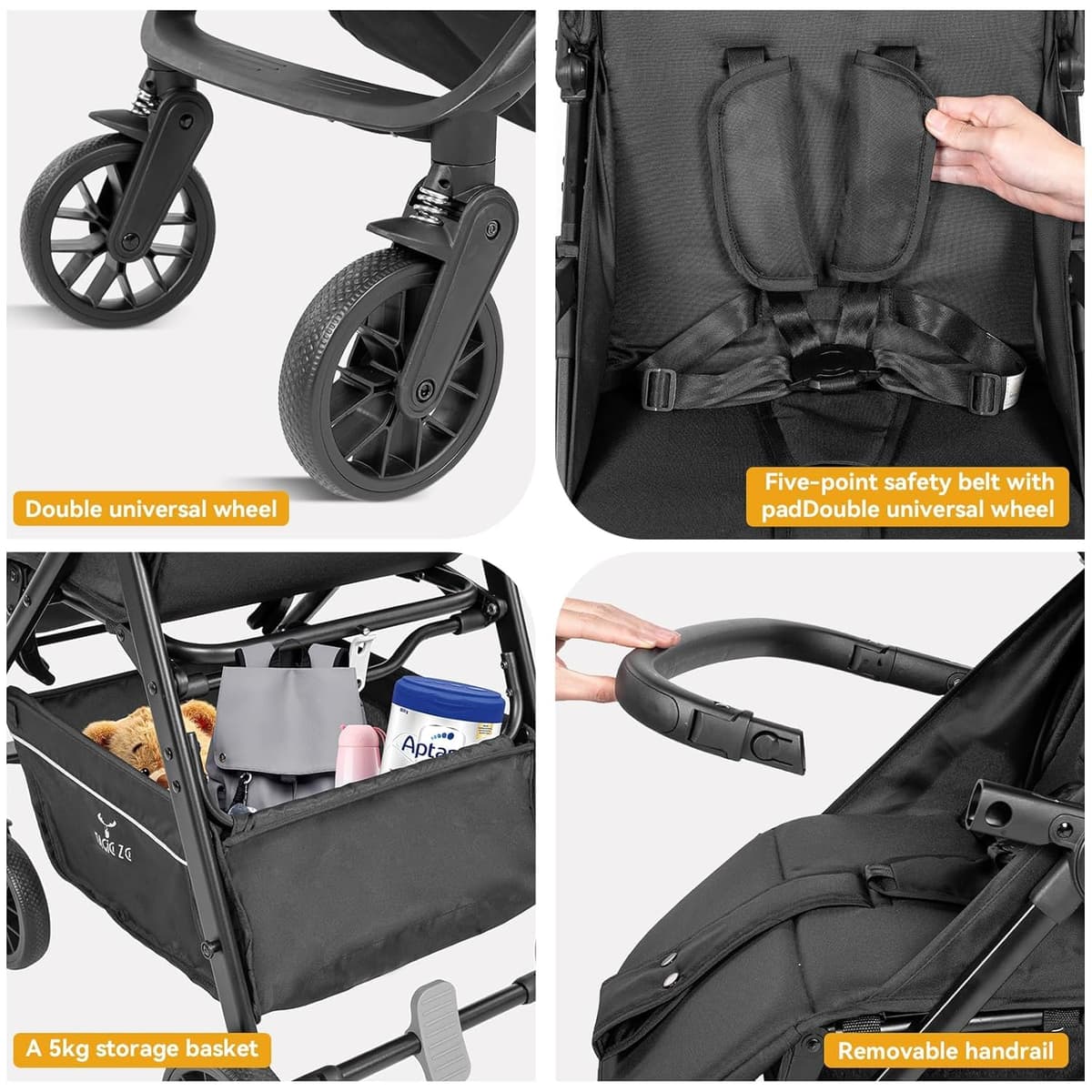 Cochecito Bebe Ligero, Silla de Paseo Reversible y Compacta con Reclinado Multiposición, Cochecito para Bebés y Niños Pequeños Desde El Nacimiento, Carrito con Portavasos y Capota (Gris) — view 5