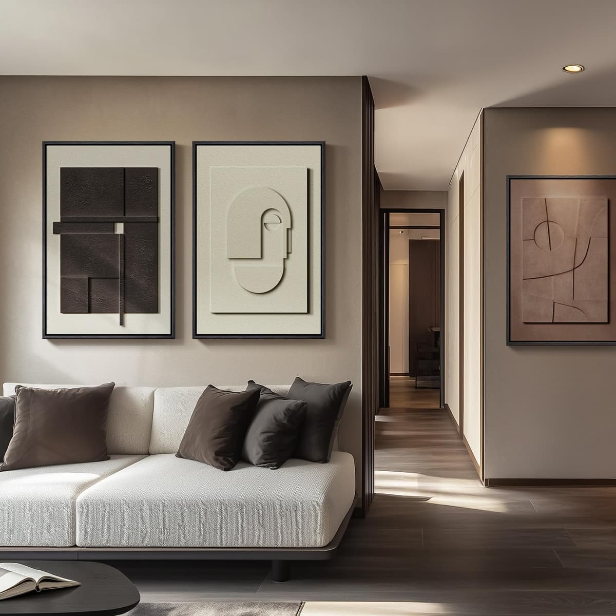Large 3D Textured Framed Abstract Wall Art for Living Room, 3 Piece Modern Paintings Artwork for Walls, Black White Brown Geometric Sandstone Texture Pictures for Hallway Office Home Decor 24x36 In — view 3