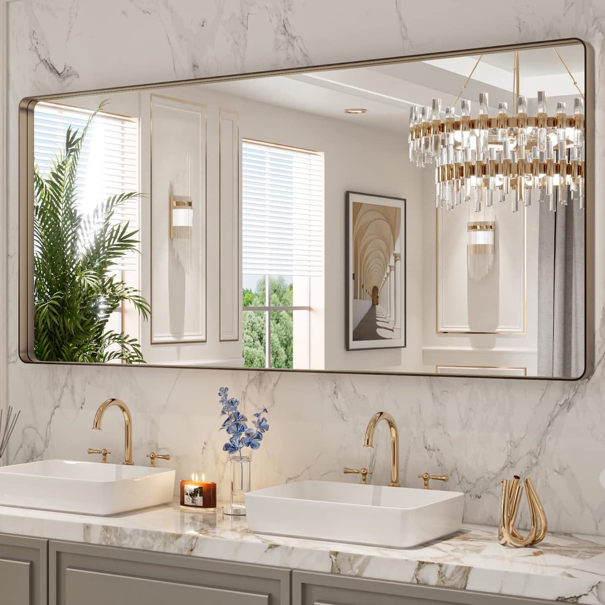 LOAAO 48”X36” Gold Bathroom Mirror, Rounded Rectangle Gold Frame Mirror, Brushed Gold Bathroom Vanity Mirror Wall-Mounted, Anti-Rust, Tempered Glass, Hangs Horizontally or Vertically — view 41
