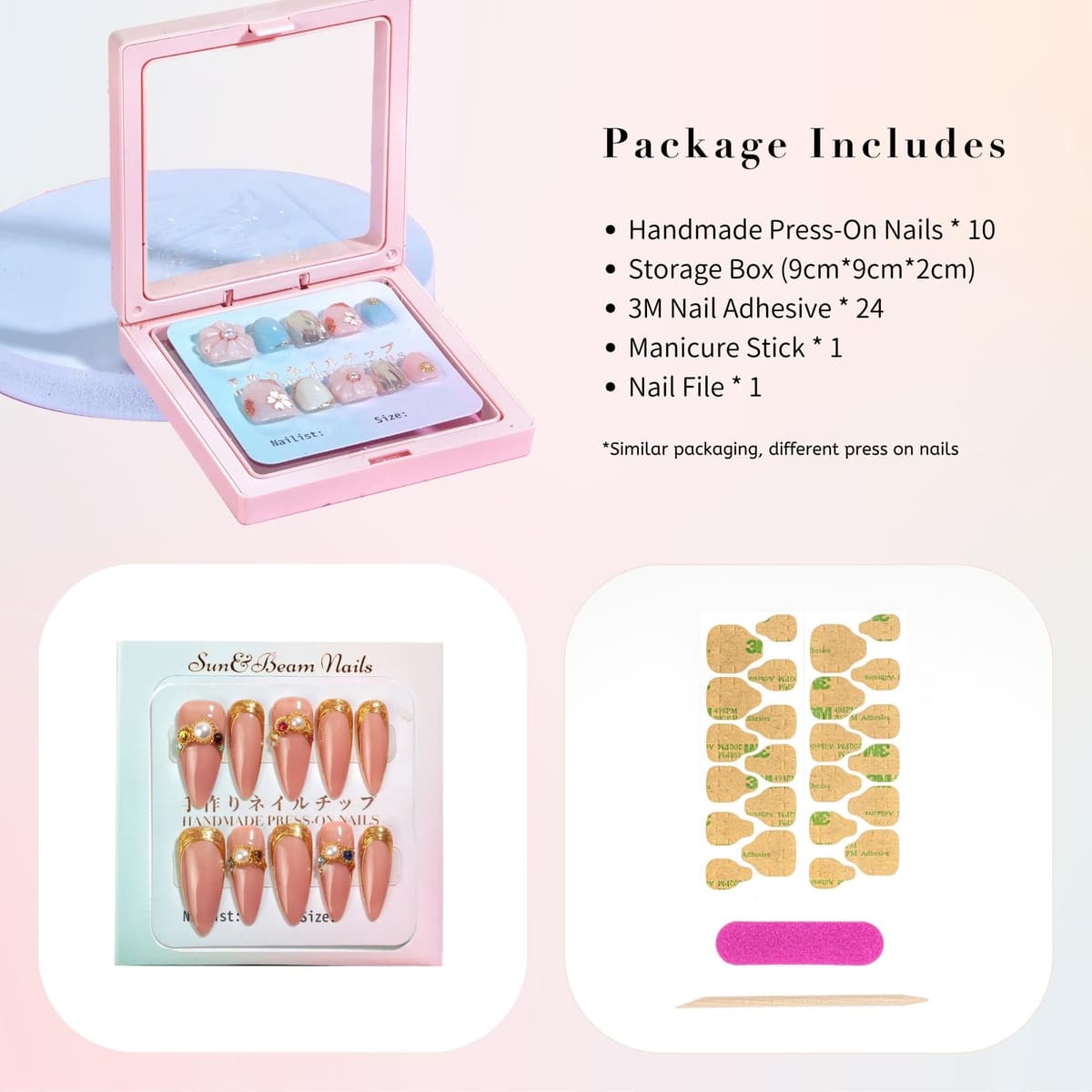 Sun&Beam Nails Handmade Press On Nail Long Coffin Ballerina Pink Flower Acrylic Fake Tip 3D Design Art Charms Cute with Storage Box 10 Pcs (S) — view 299