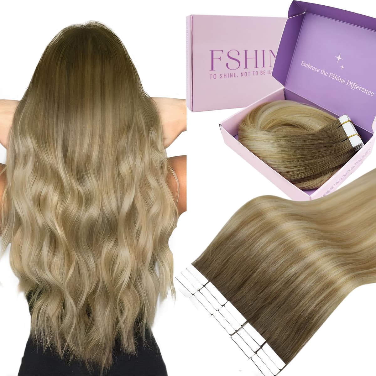 Fshine Extensiones Pelo Natural Adhesivas Rubio Blanco Extensiones Remy Adhesivas 45cm 50g Tape In Hair Extensions Cintas De Cabello Pelo Natural Color 1000 — view 45