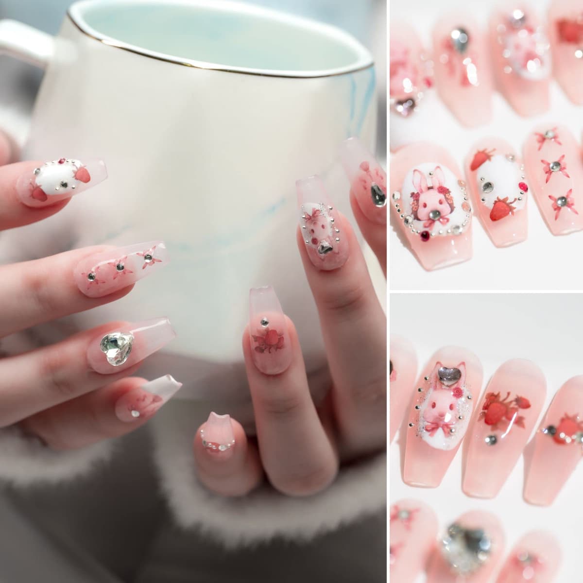 Sun&Beam Nails Handmade Press On Nail Long Coffin Ballerina Pink Flower Acrylic Fake Tip 3D Design Art Charms Cute with Storage Box 10 Pcs (S) — view 198