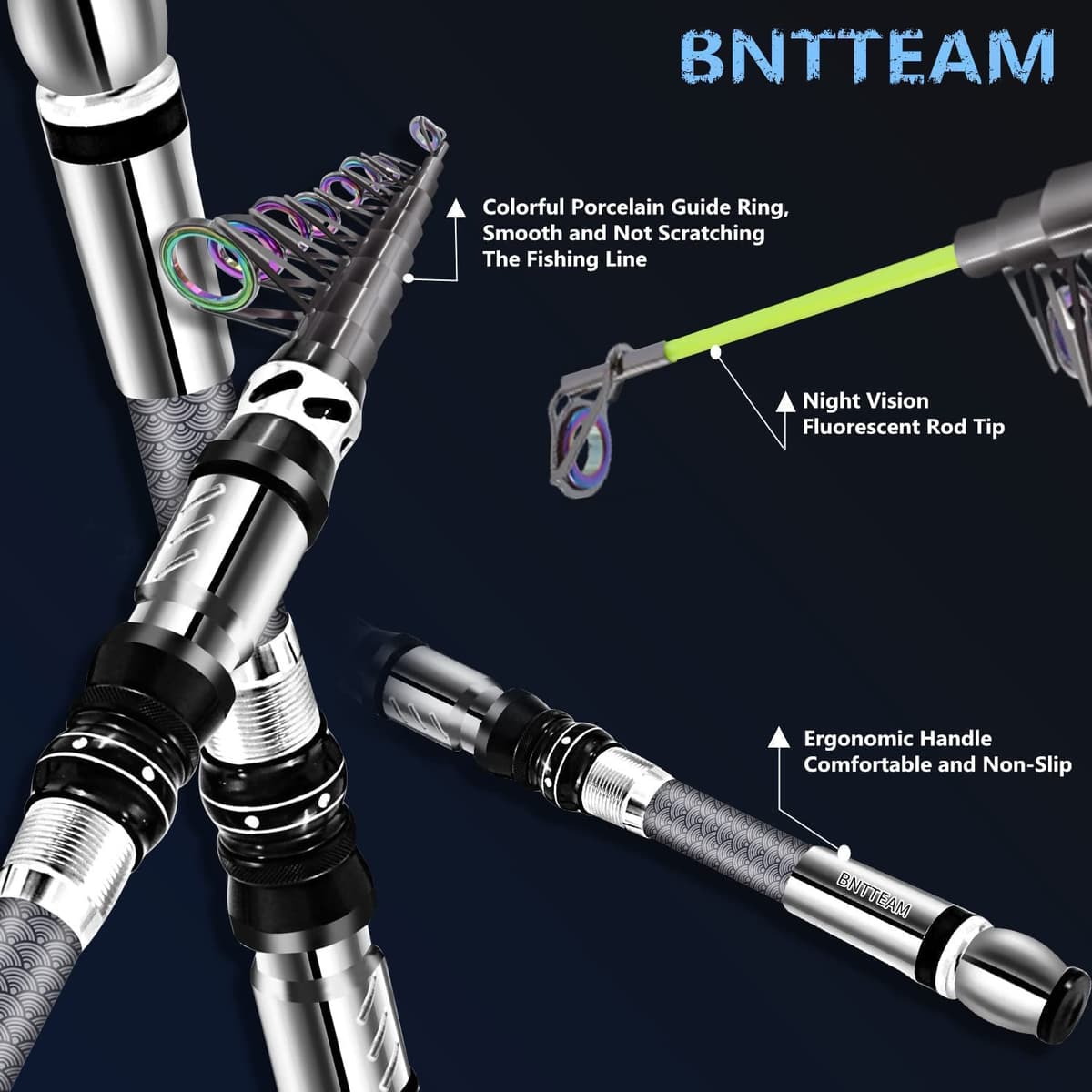 BNTTEAM caña de Pescar telescópica Juego Combinado de Carrete Giratorio Bolsa de señuelos de línea de Carbono para mar río de Agua Dulce — view 3