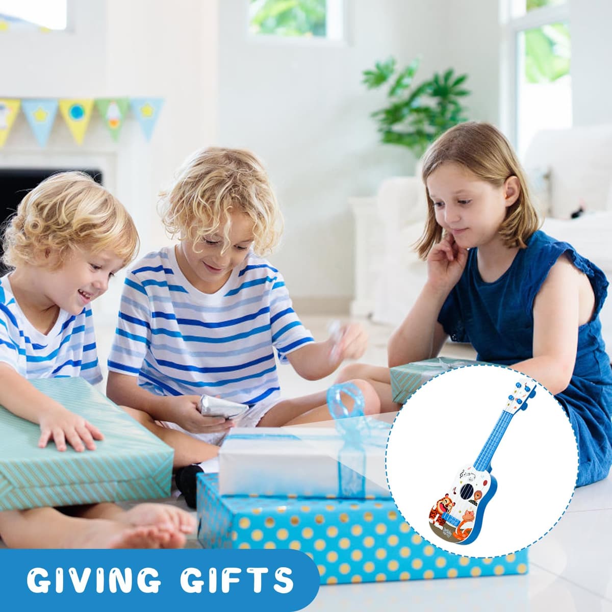 Juguete de Guitarra Ukelele para Niños, 41cm Juguete Musical de Guitarra Instrumentos con 4 Cuerdas Ajustables, Juguetes Educativos de Aprendizaje Musical para Niños y Niñas Principiantes (Azul) — view 5