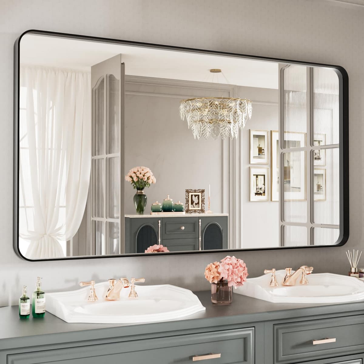 LOAAO 48”X36” Gold Bathroom Mirror, Rounded Rectangle Gold Frame Mirror, Brushed Gold Bathroom Vanity Mirror Wall-Mounted, Anti-Rust, Tempered Glass, Hangs Horizontally or Vertically — view 37