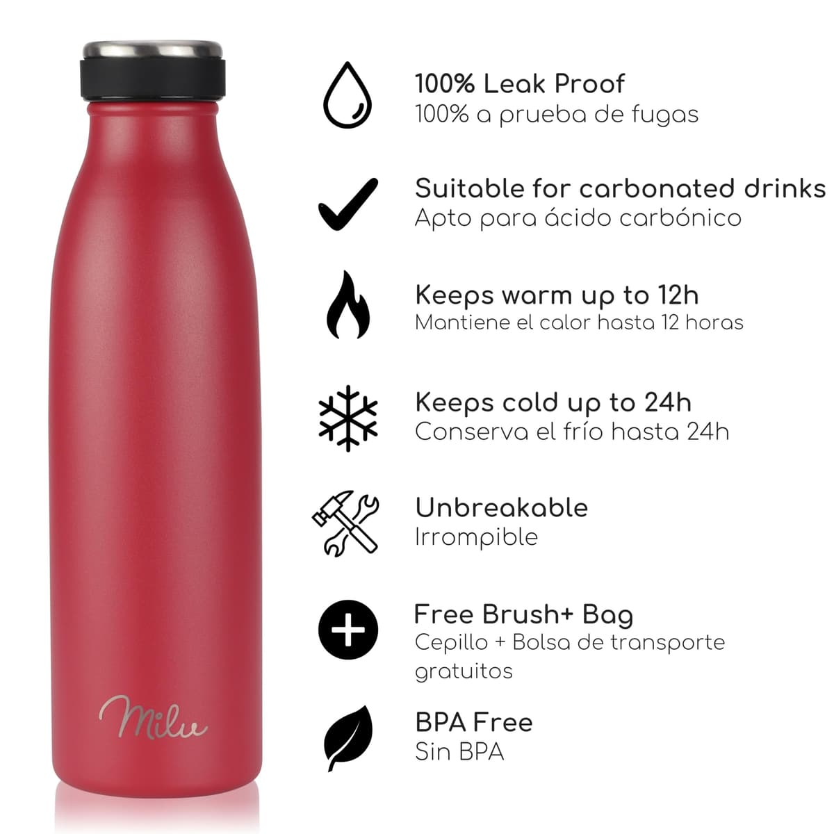 Milu Botella de acero inoxidable de 350ml 500ml 750 ml 1 L 1,5 L botella de agua aislada, termo a prueba de fugas, doble pared, apta para ácido carbónico + cepillo de limpieza (Azul Violeta, 350ml) — view 49