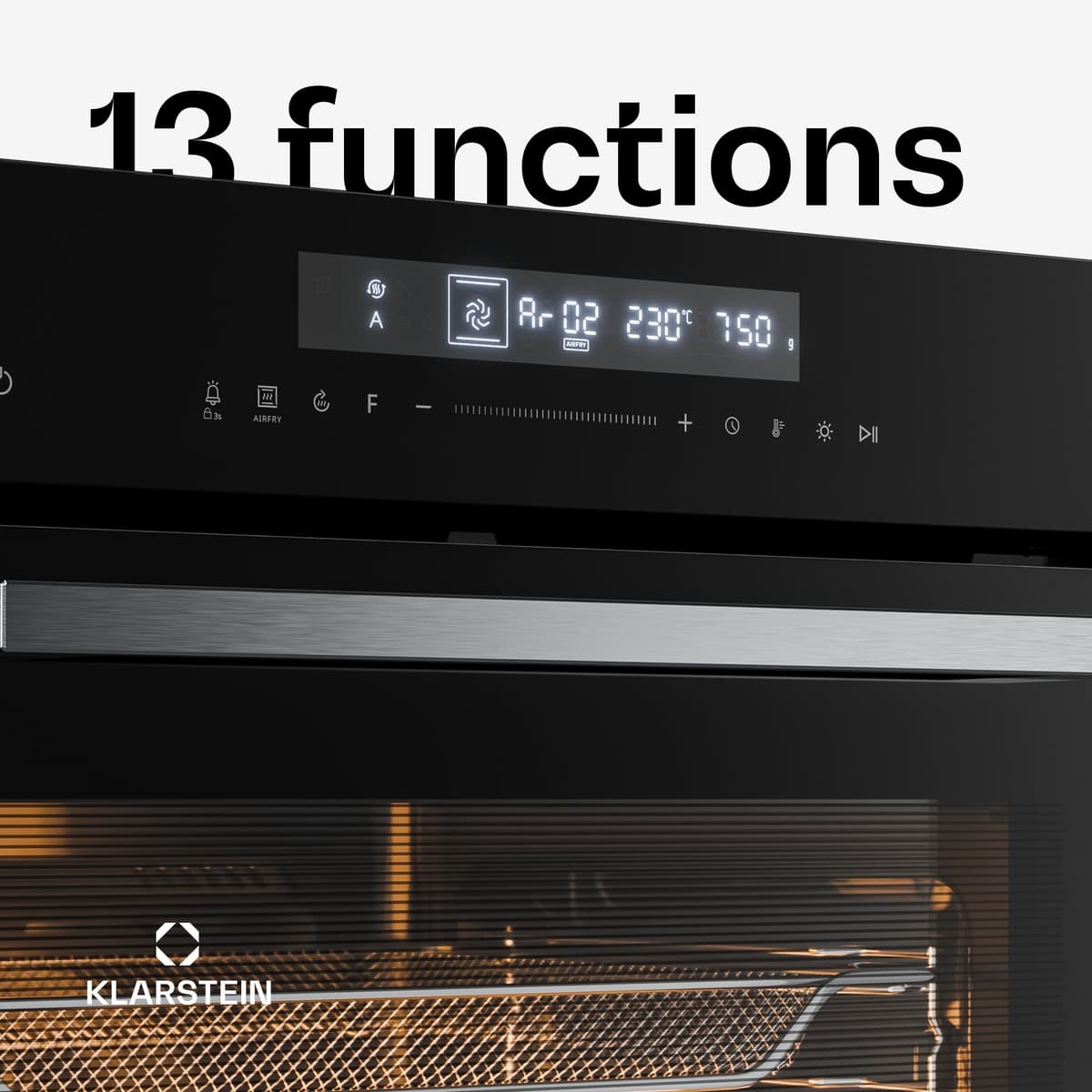 Klarstein Airjet Built In Oven - 72L Electric Oven with Airfryer Mode, 13 Cooking Functions, Touch Control, Enamel Interior, A++ Energy, Triple Glazed, Integrated Single Oven, Black — view 3
