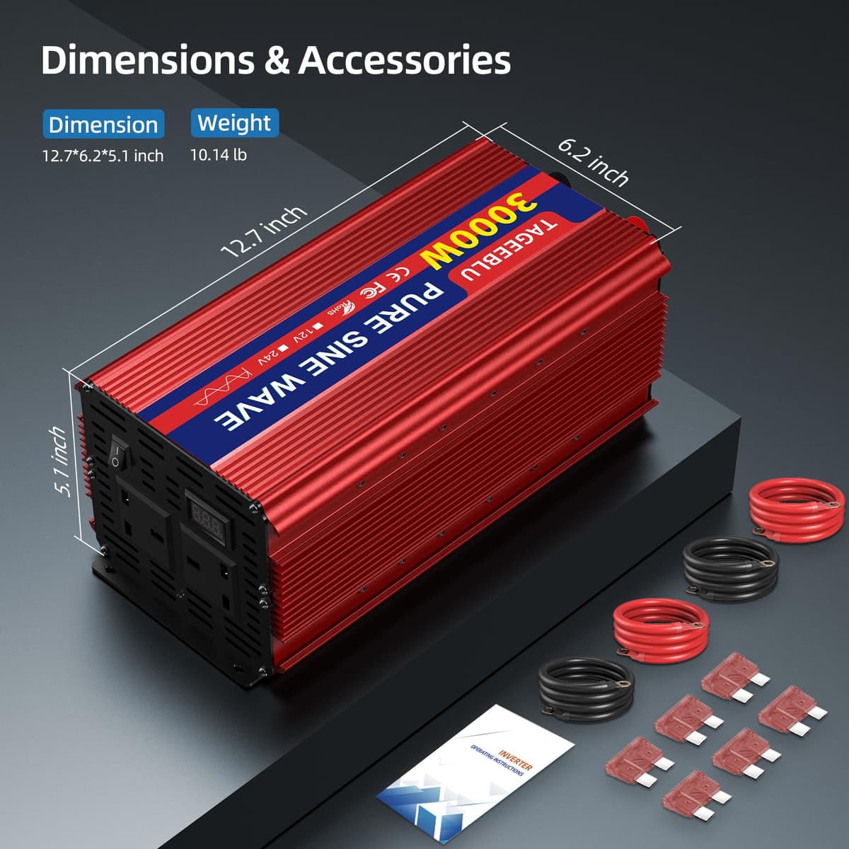 Pure Sine Wave Power Inverter 3000w DC 24V to AC 240V Voltage Converter with 2 AC Outlets,Digital display screen,for Motorhomes,Trucks,Boats,Camping,6000W Peak Power — view 5
