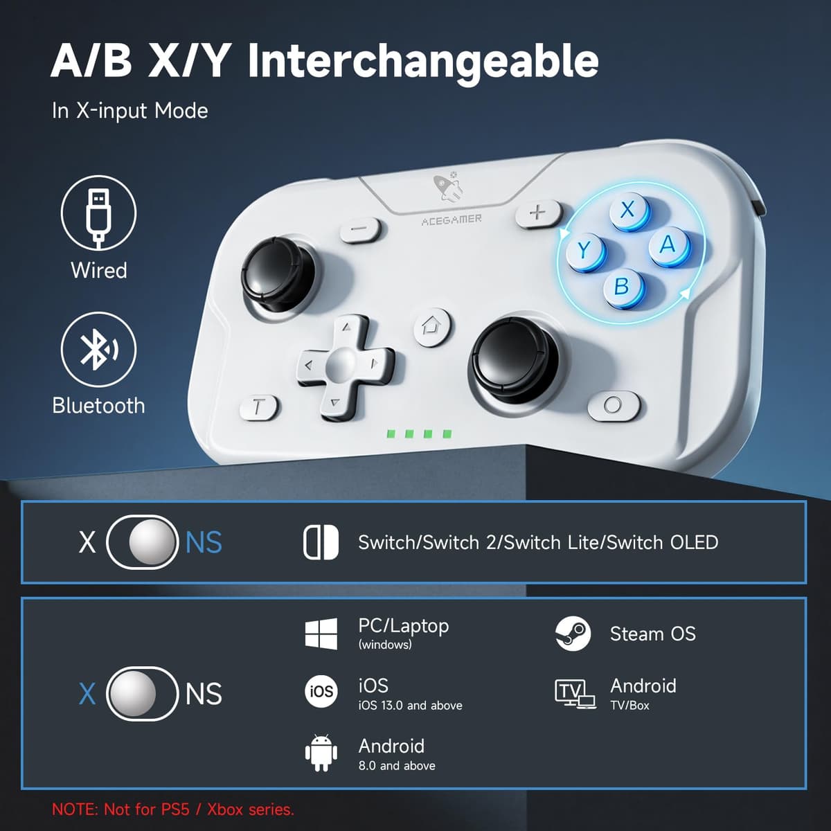 AceGamer Pocket Controller, Mando inalámbrico para Switch/PC/iOS/Android, minicontrolador con Joystick, Turbo, Sensor giroscópico de 6 Ejes y activación con un Solo botón（Blanco） — view 4