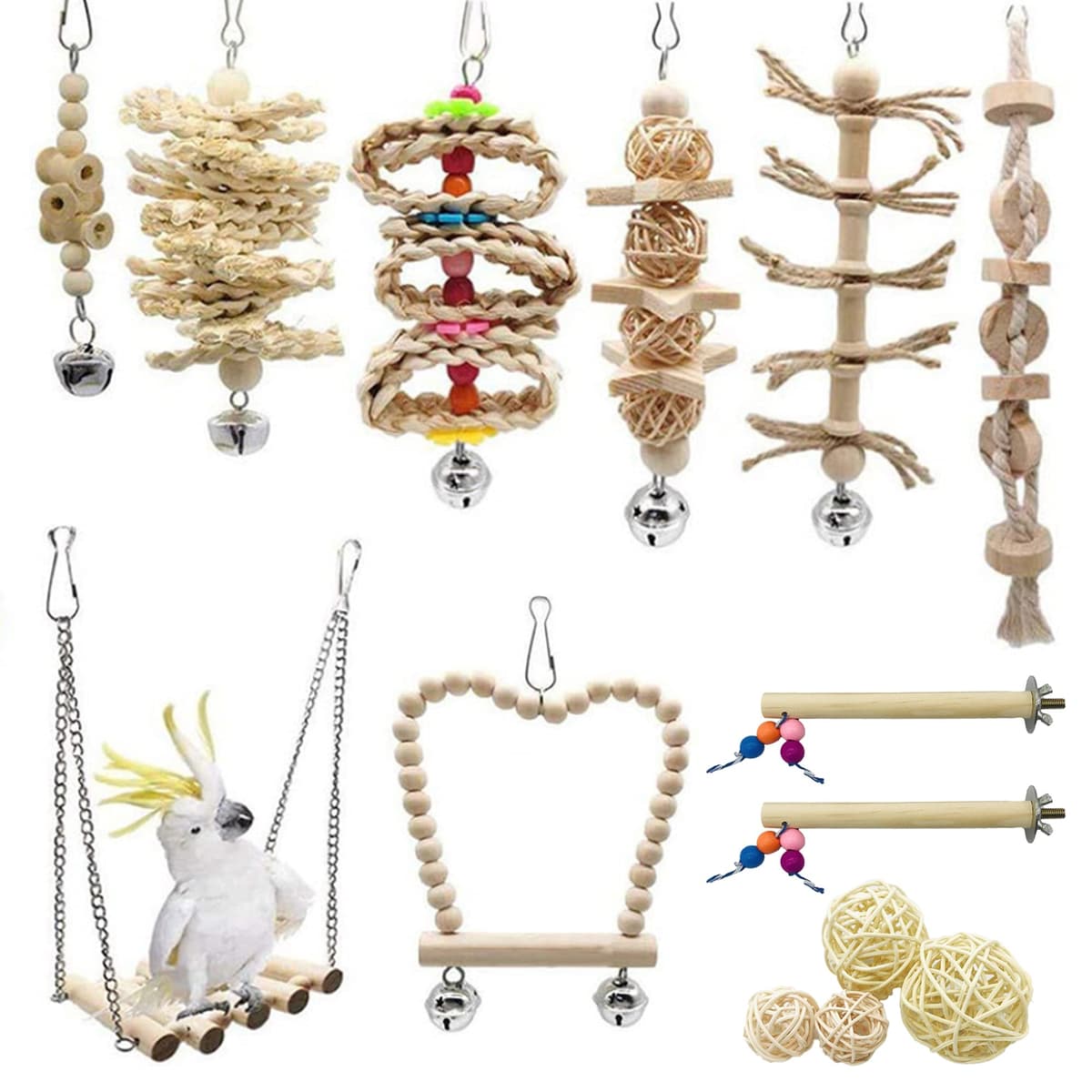 Allazone 14 Pz Juguetes para Pájaros, Escalera de Madera, Pájaros Juguetes con Campanas Que Cuelga la Perca Juguete para Pequeños y Medianos Loros de Aves — view 8