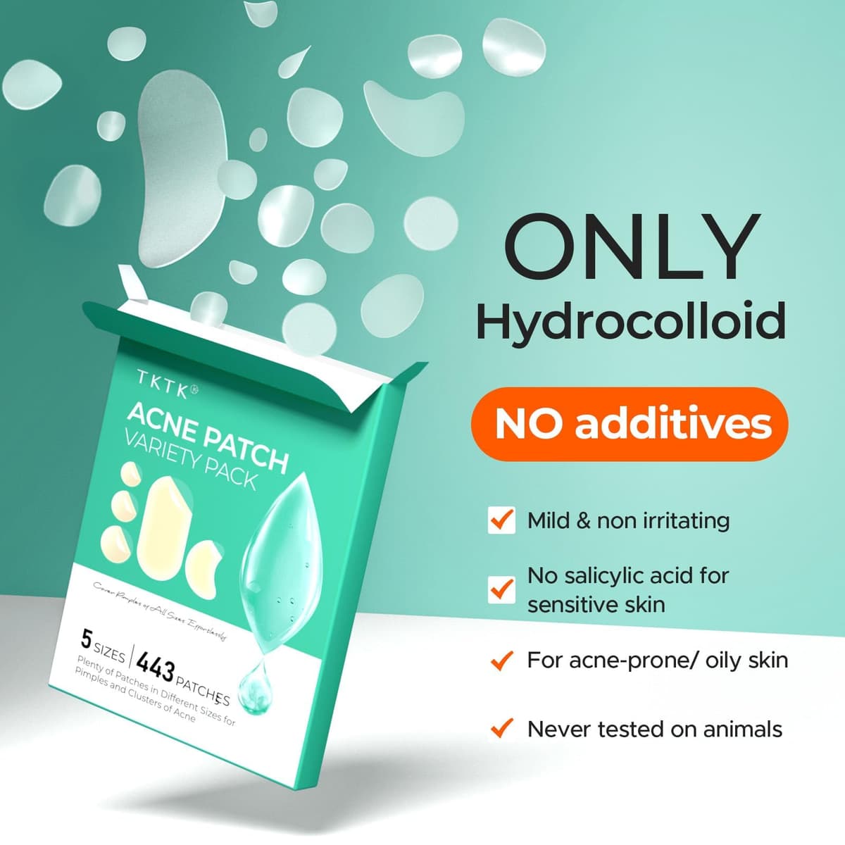 TKTK 443 Count Pimple Patches for Face, Hydrocolloid Acne Patch Bulk, Acne Stickers for Covering Cheeks, Forehead, Chin Blemishes Zit Breakouts for All Skin Types (Dots, Strip, Contoured 5 Sizes) — view 5
