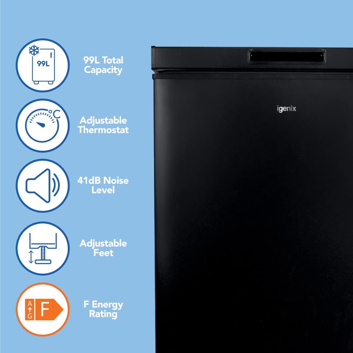Igenix IG100B Freestanding Chest Freezer, 99 Litre Capacity with Freezer Basket, Suitable for Outbuildings and Garages, Black — view 2